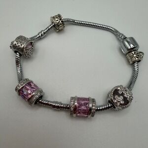 Silver Tone Snake Chain Charm Bracelet Pink Crystal Filigree Heart Floral Beads